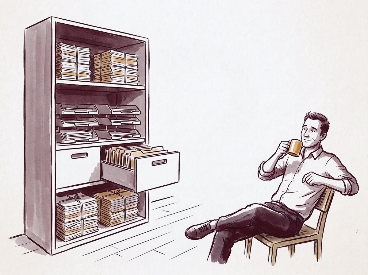 Illustratie: de ondernemer drinkt koffie naast een keurig gevulde archiefkast met brievenbakjes.
