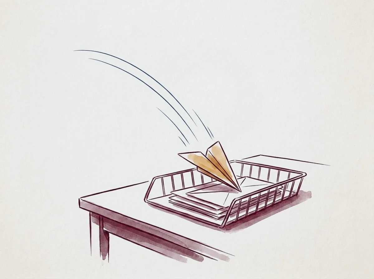 Illustratie: een papieren vliegtuigje landt zacht in een mailbox.